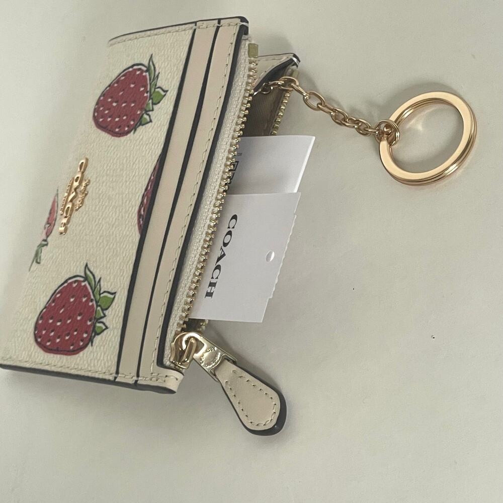 Coach Mini Skinny ID Wallet CAR17 Strawberry Print White Red Keyring - Picture 6 of 9